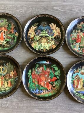 Set of 6 PALEKH Russian "Fairy Tale” Vintage Collector Plates Signed Dated 90s